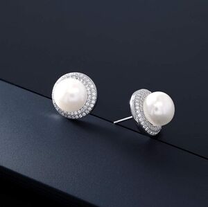 DIAMOND Cultured Freshwater Pearl Button Earrings Bezel 925 Anniversary Gift